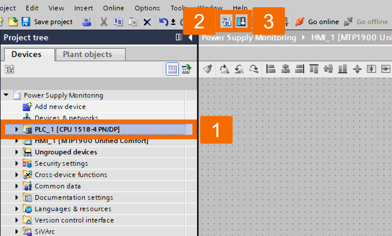 Figure 3.17: Power supply monitoring with PLC & HMI - Project compilation and PLC download