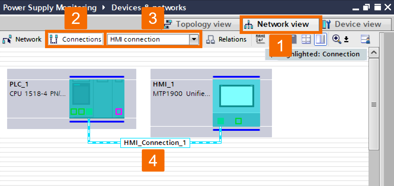 Figure 3.3: Power supply monitoring with PLC & HMI - Creating the network and HMI connection