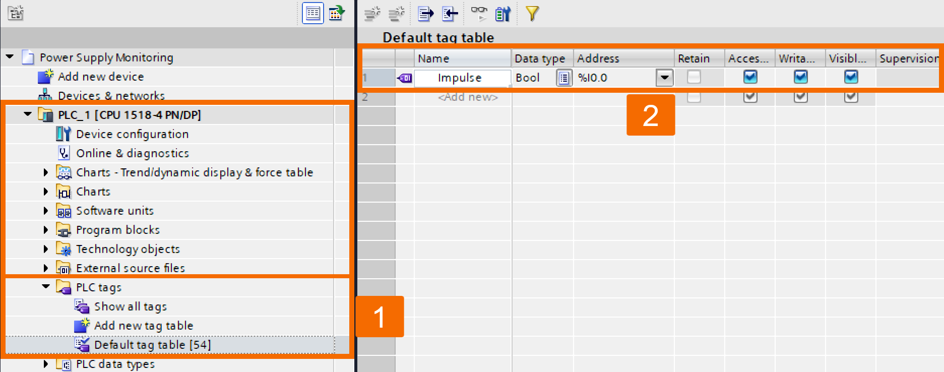 Figure 3.4: Power supply monitoring with PLC & HMI - Defining PLC variables