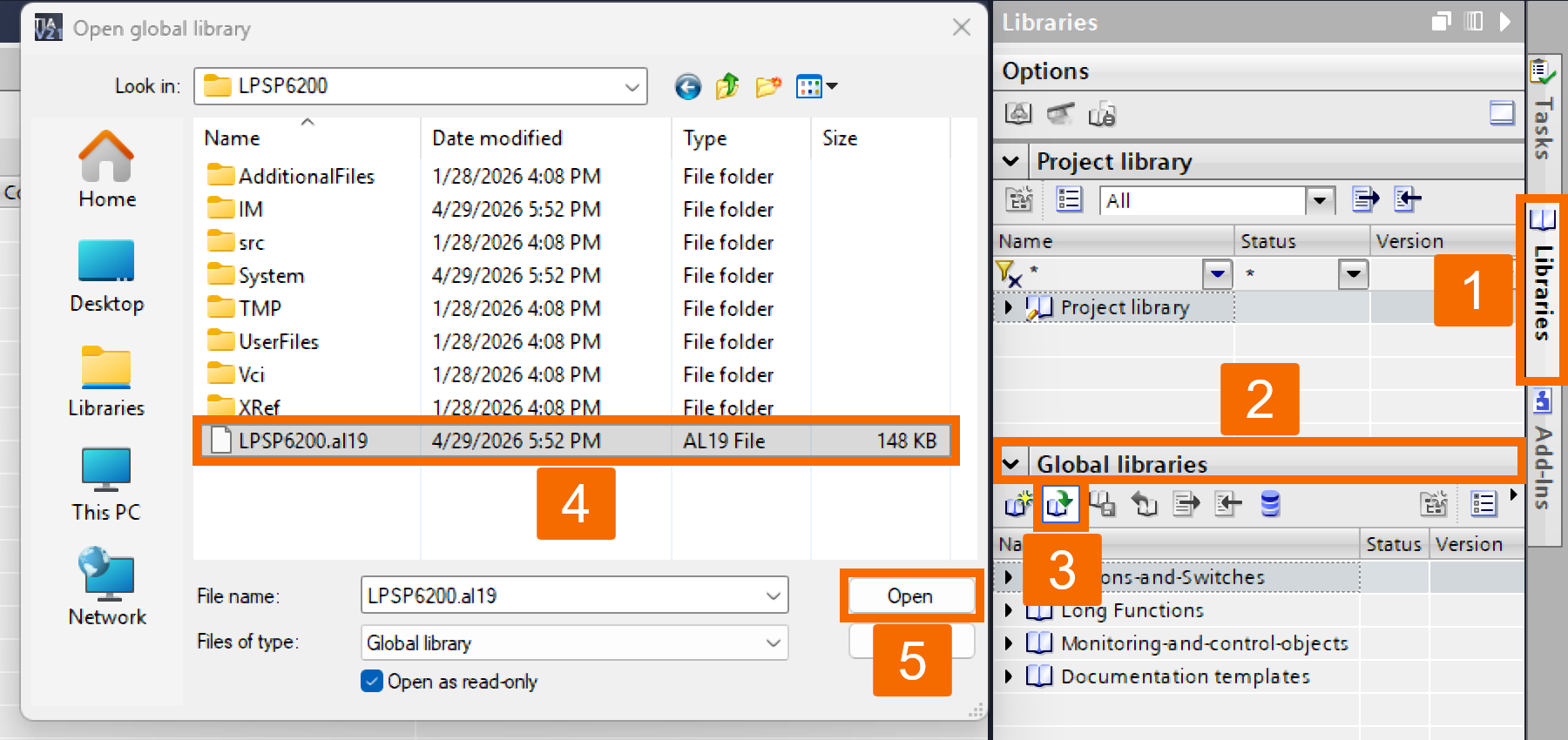 Figure 3.5: Power supply monitoring with PLC & HMI - Importing external Siemens global libraries