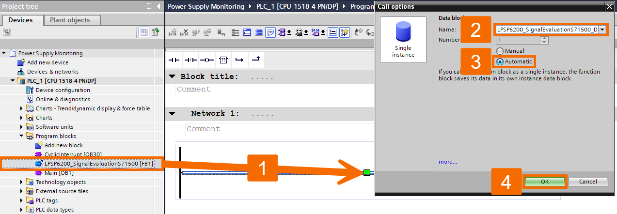 Figure 3.8: Power supply monitoring with PLC & HMI - FB call options and automatic DB assignment