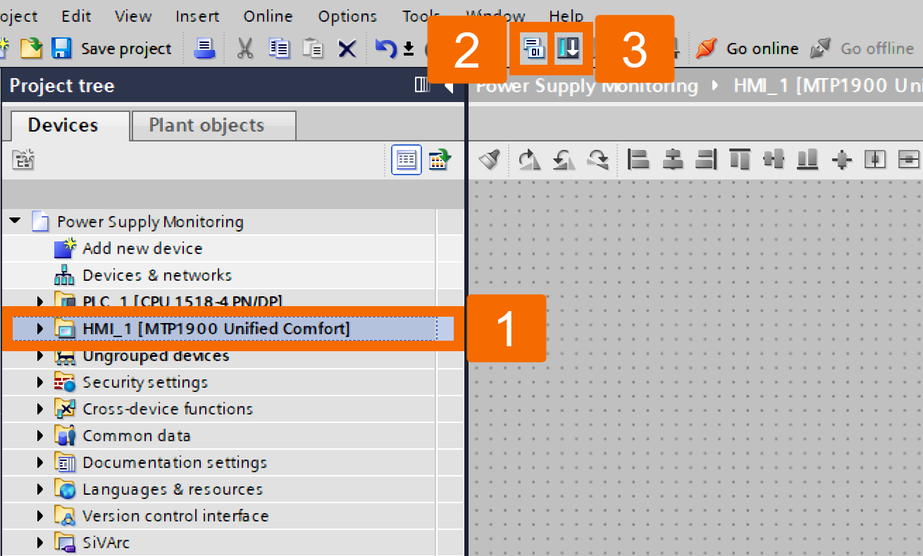 Figure 3.18: Power supply monitoring with PLC & HMI - Project compilation and HMI download