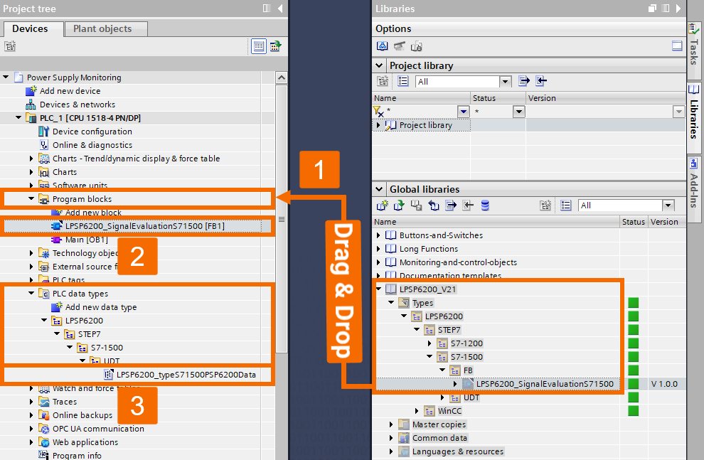 Figure 3.6: Power supply monitoring with PLC & HMI - FB and PLC data type integration
