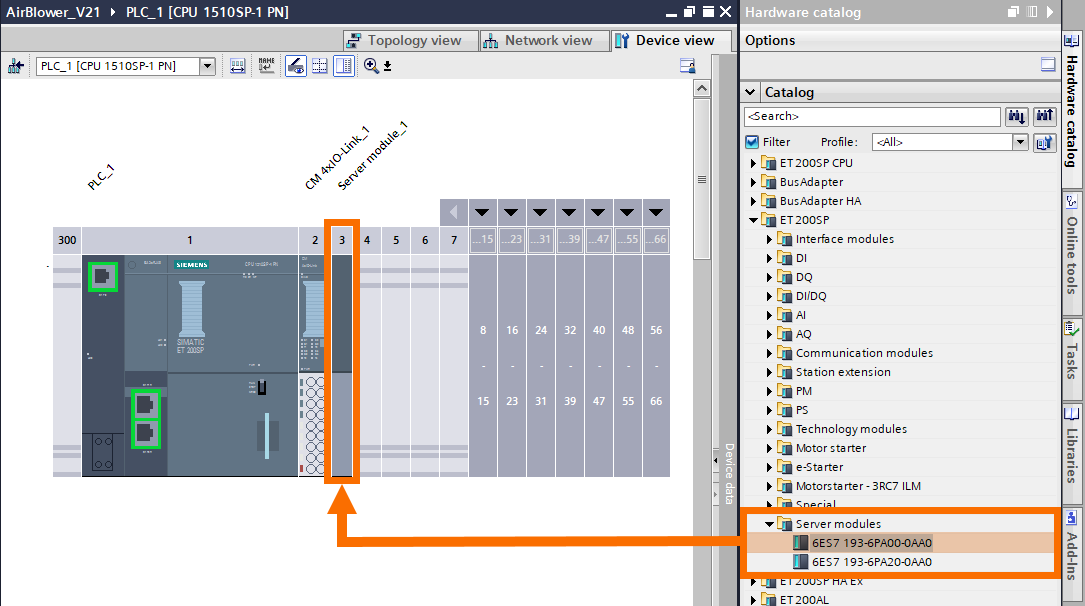 Figure 3.3: Configuring IO-Link Air Blower in Siemens TIA Portal - Adding server module