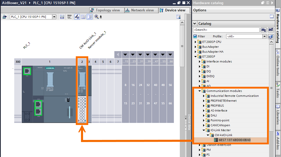 Figure 3.2: Configuring IO-Link Air Blower in Siemens TIA Portal - Adding CM 4xIO-Link module