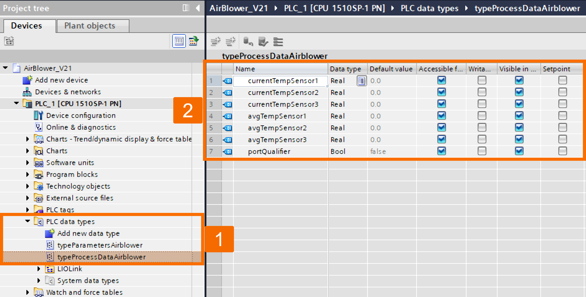 Figure 3.6: Configuring IO-Link Air Blower in Siemens TIA Portal - Creating process data UDT