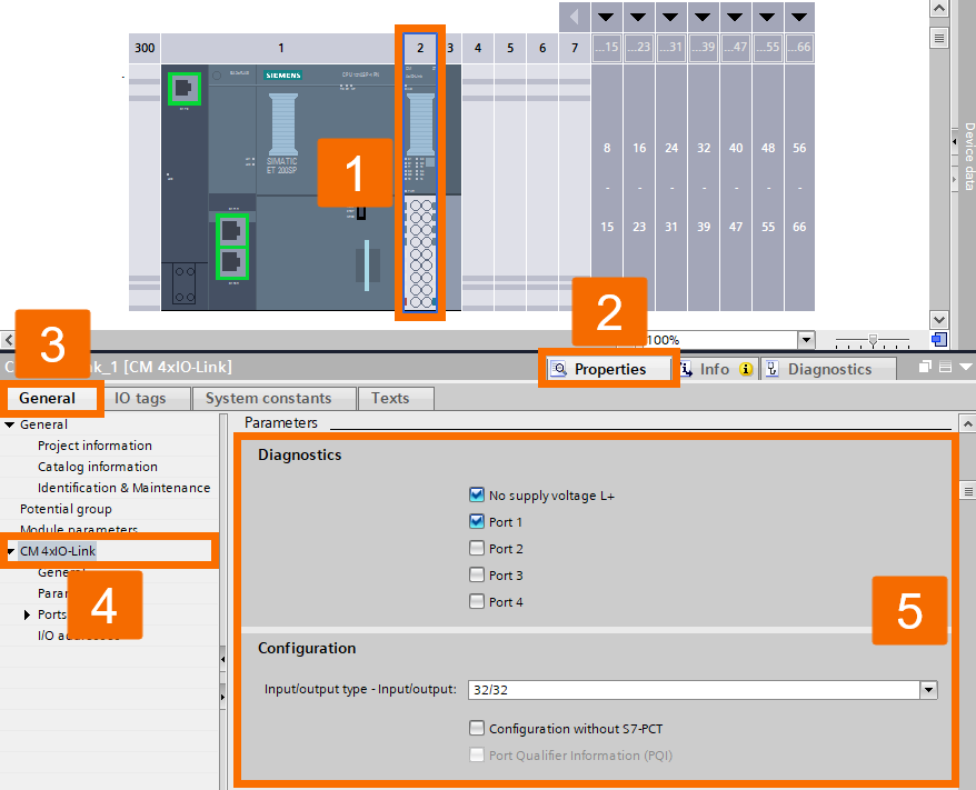 Figure 3.5: Configuring IO-Link Air Blower in Siemens TIA Portal - Defining IO data size & diagnostics
