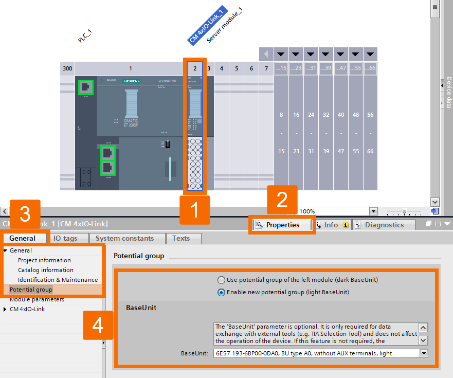 Figure 3.4: Configuring IO-Link Air Blower in Siemens TIA Portal - Configuring potential group