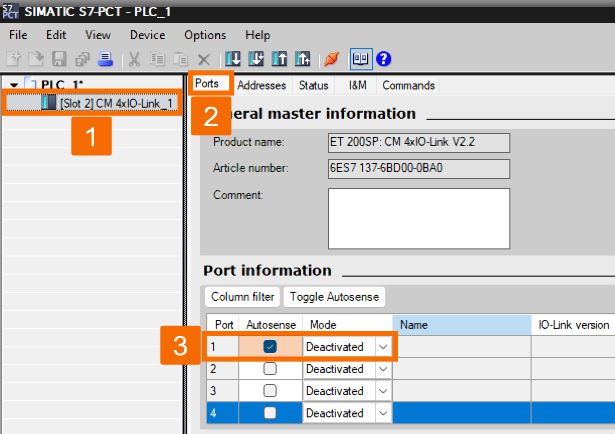 Figure 4.3: Configuring IO-Link Air Blower in Siemens TIA Portal - Enabling Autosense on port 1