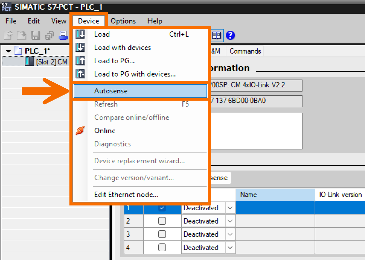Figure 4.4: Configuring IO-Link Air Blower in Siemens TIA Portal - Running Autosense