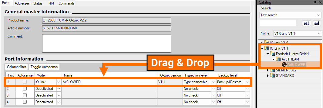 Figure 4.7: Configuring IO-Link Air Blower in Siemens TIA Portal - Dragging the IIOD onto the Master port