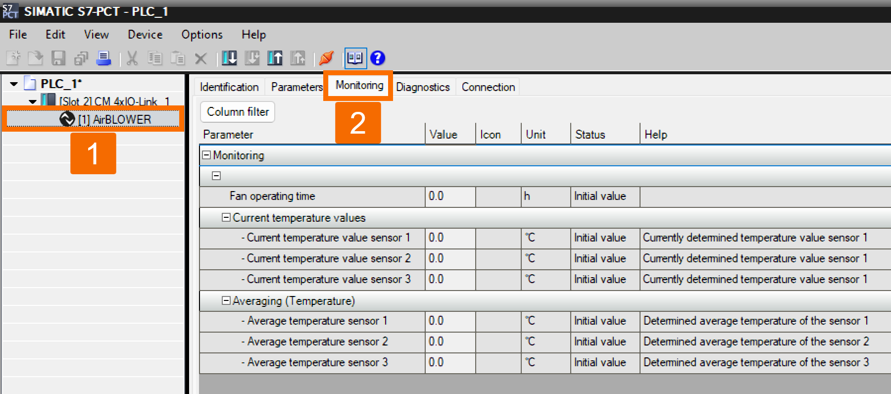Figure 4.8: Configuring IO-Link Air Blower in Siemens TIA Portal - Monitoring process values