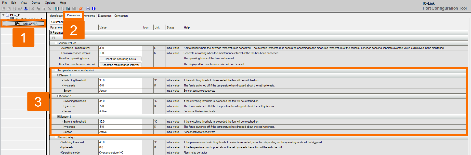 Figure 4.10: Configuring IO-Link Air Blower in Siemens TIA Portal - Temperature sensor settings