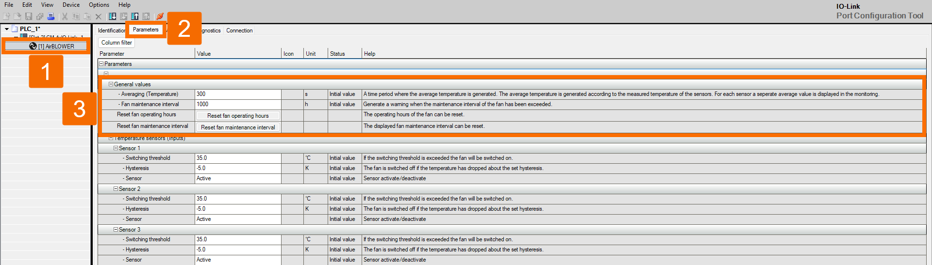 Figure 4.9: Configuring IO-Link Air Blower in Siemens TIA Portal - Setting up general values