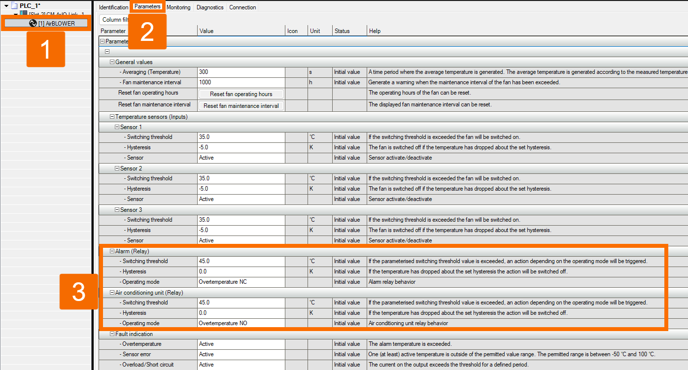 Figure 4.11: Configuring IO-Link Air Blower in Siemens TIA Portal - Alarm relays & AC switching behavior