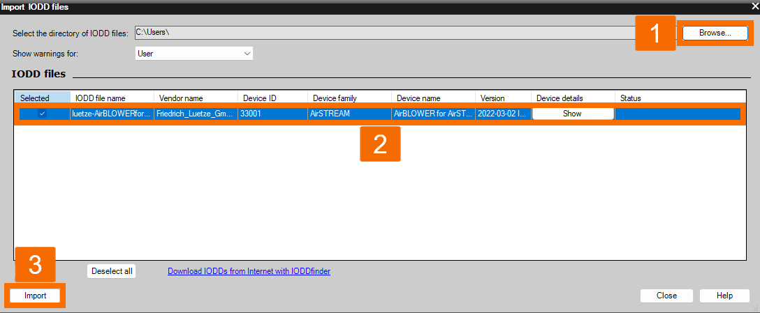 Figure 4.6: Configuring IO-Link Air Blower in Siemens TIA Portal - Finalizing the manual IODD setup