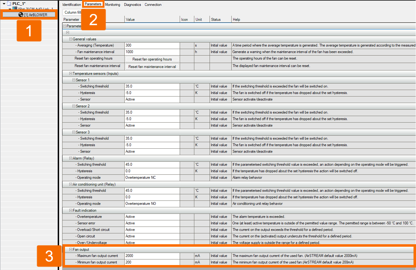 Figure 4.13: Configuring IO-Link Air Blower in Siemens TIA Portal - Managing fan current boundaries