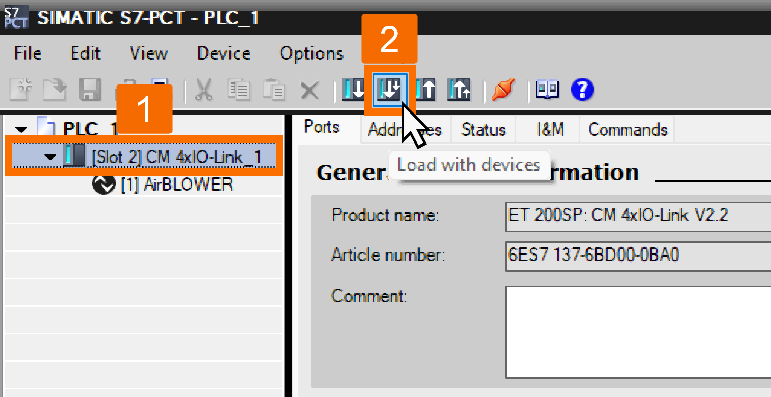 Figure 4.15: Configuring IO-Link Air Blower in Siemens TIA Portal - Loading settings into the controller and device