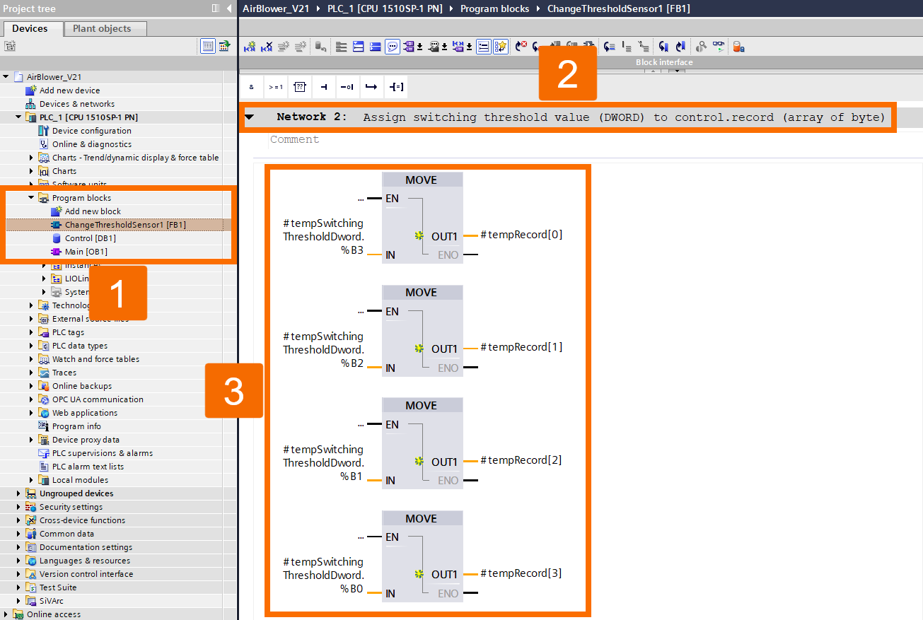 Figure 5.3: Configuring IO-Link Air Blower in Siemens TIA Portal - Network 2 of the ChangeThresholdSensor1 FB