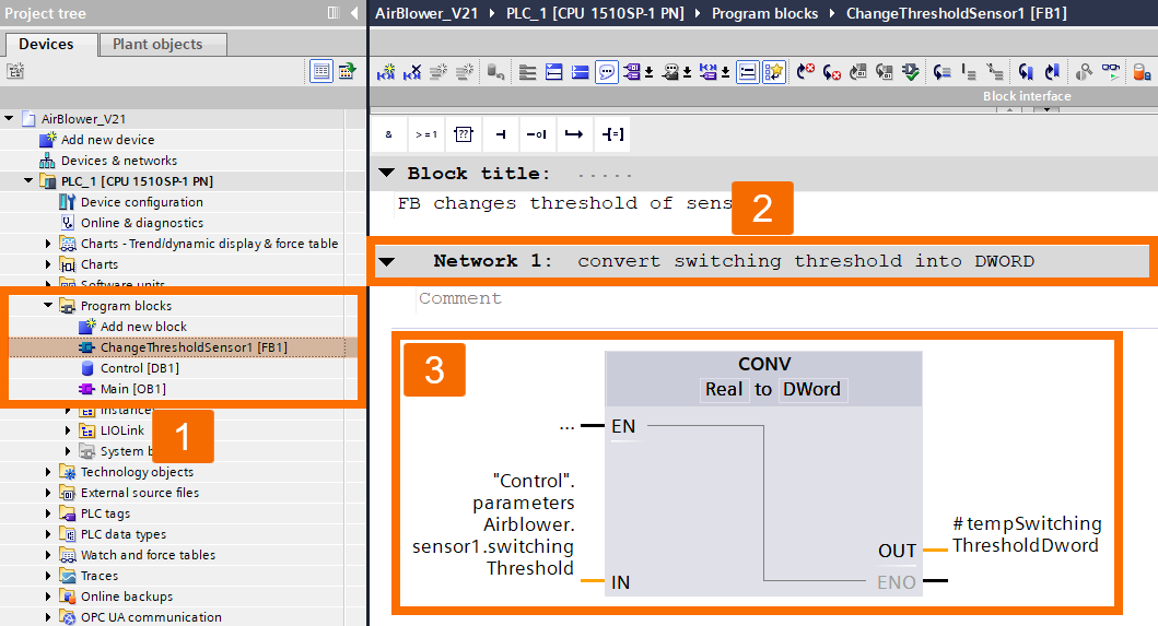 Figure 5.2: Configuring IO-Link Air Blower in Siemens TIA Portal - Network 1 of the ChangeThresholdSensor1 FB