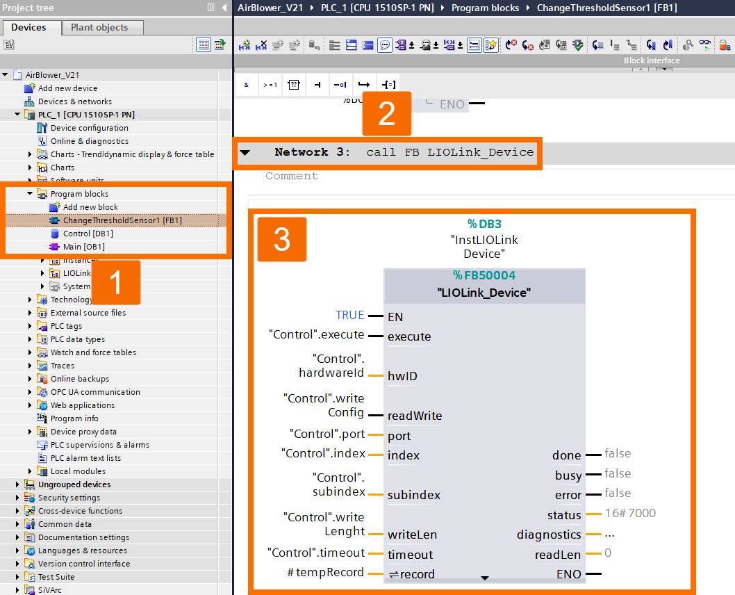 Figure 5.1: Configuring IO-Link Air Blower in Siemens TIA Portal - Network 3 of the ChangeThresholdSensor1 FB