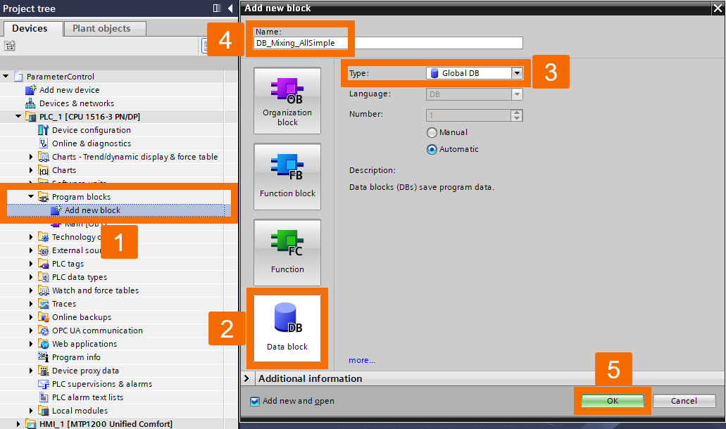 Figure 1.5: WinCC Unified Parameter Control - DB creation for the UDT instance