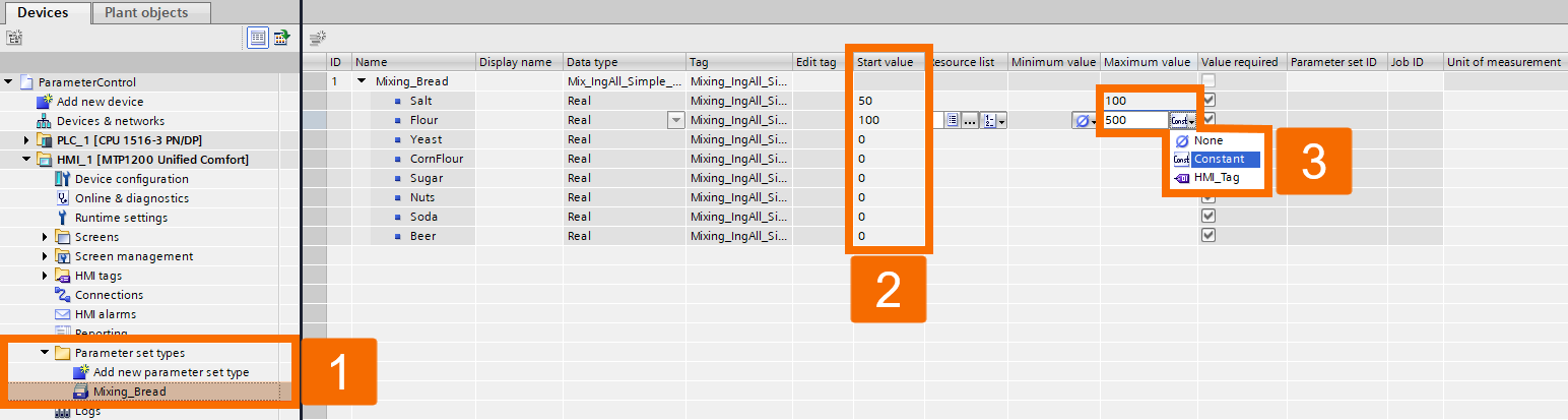 Figure 1.11: WinCC Unified Parameter Control - Defining start values for elements