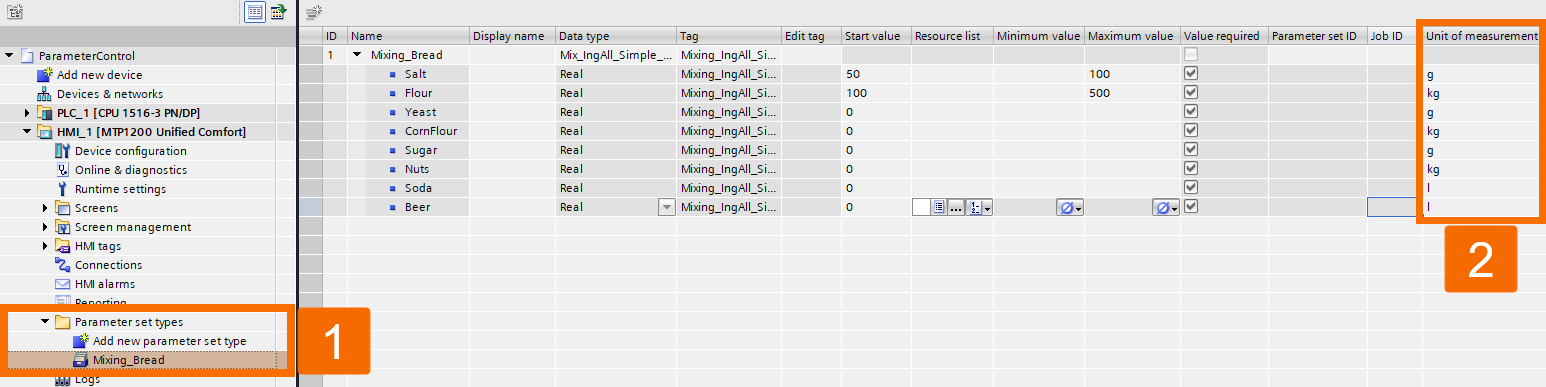Figure 1.12: WinCC Unified Parameter Control - Defining measurement units for elements