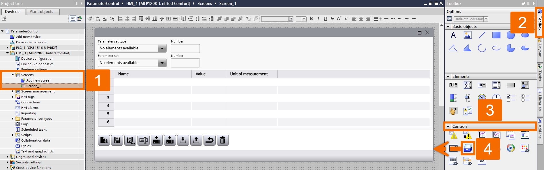 Figure 1.13: WinCC Unified Parameter Control - Adding the parameter set control to the HMI screen