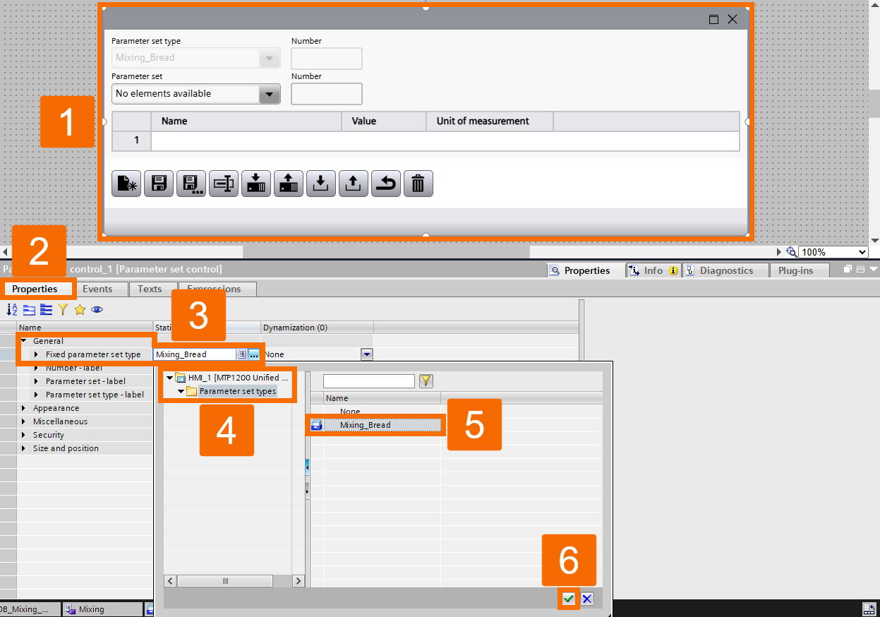 Figure 1.14: WinCC Unified Parameter Control - Assigning the parameter set type to the screen object