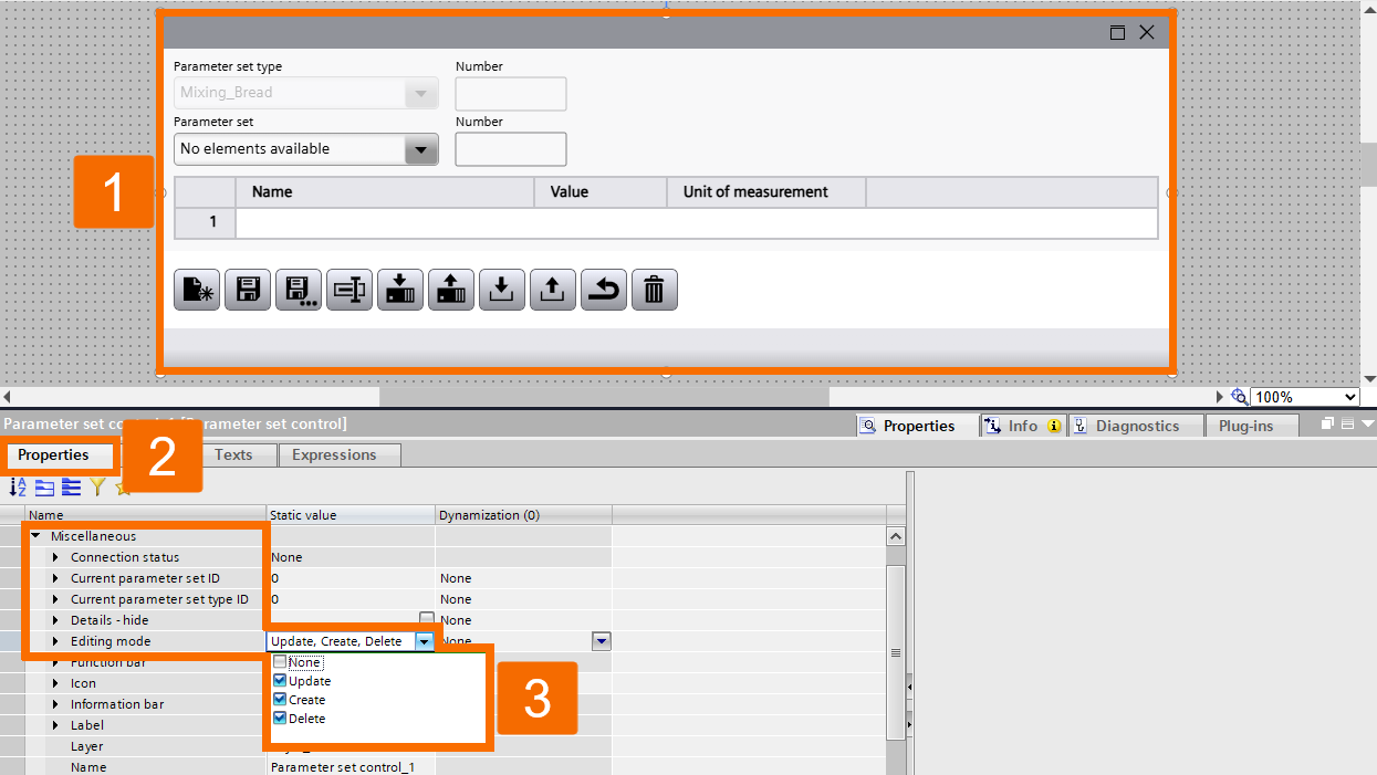 Figure 1.15: WinCC Unified Parameter Control - Setting the editing mode