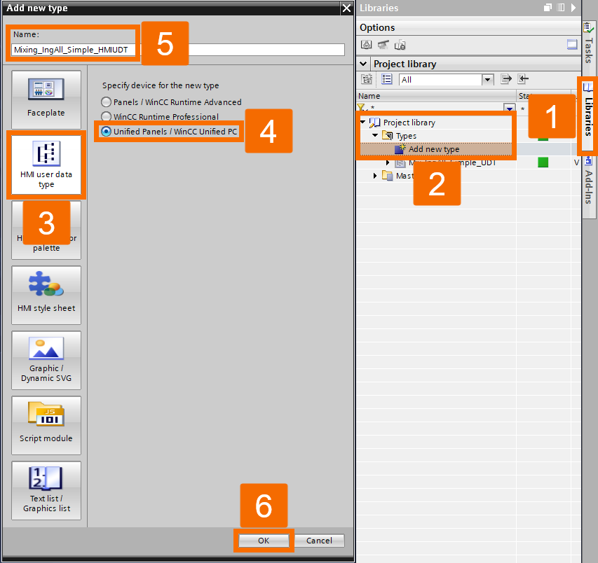 Figure 2.1: WinCC Unified Parameter Control - Defining HMI-specific UDTs in the project library