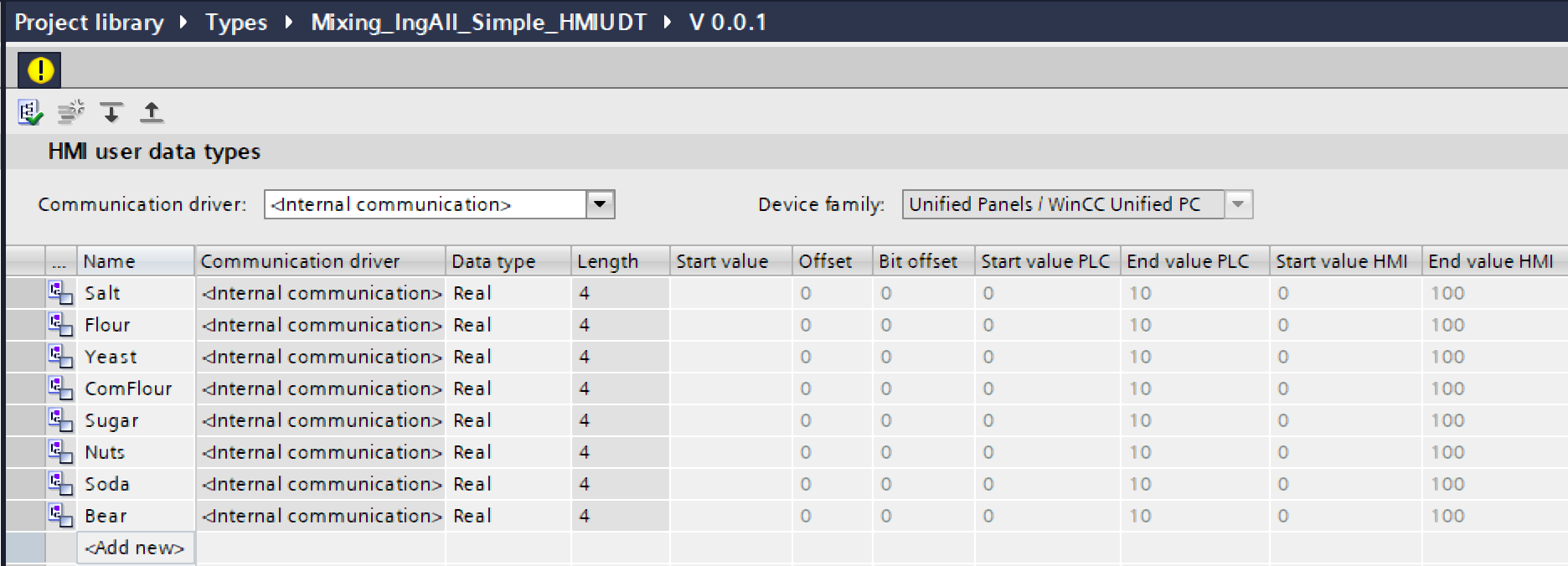 Figure 2.2: WinCC Unified Parameter Control - Adding elements in the HMI UDT