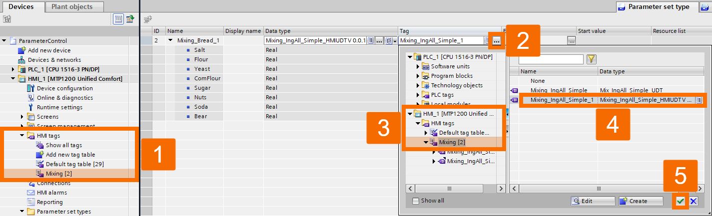 Figure 2.6: WinCC Unified Parameter Control - Binding the HMI tag to the new parameter set type
