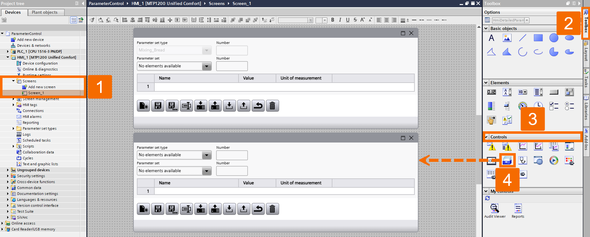 Figure 2.7: WinCC Unified Parameter Control - Placing the parameter set control screen object