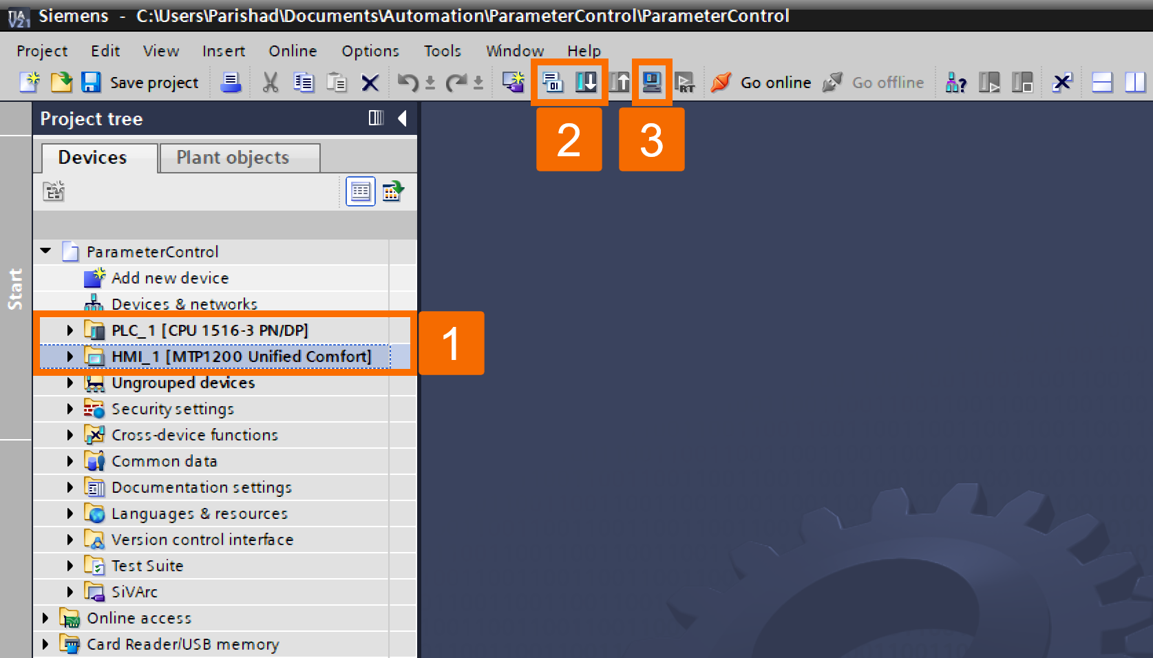 Figure 3.1: WinCC Unified Parameter Control - Compiling and downloading the project