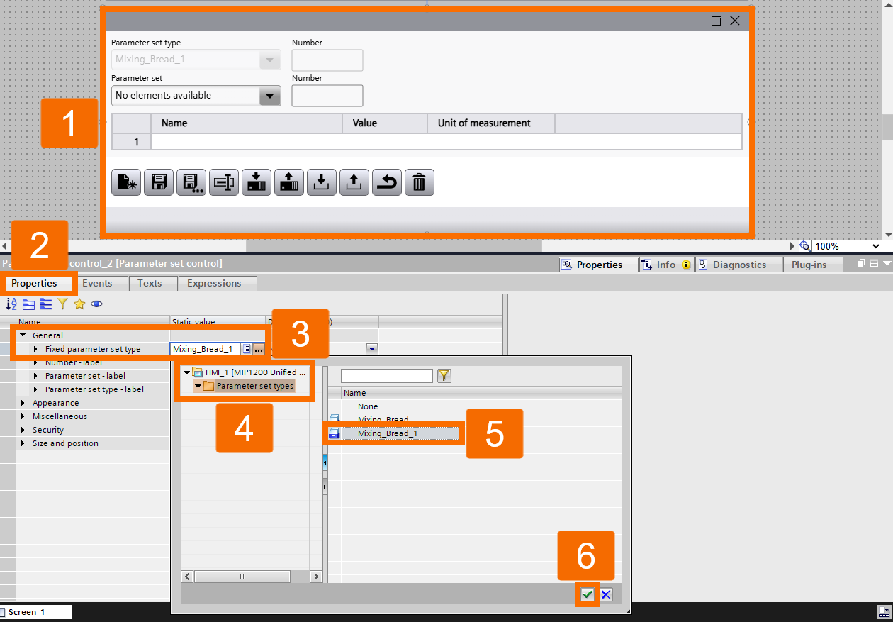 Figure 2.8: WinCC Unified Parameter Control - Assigning the new parameter set type to the screen object
