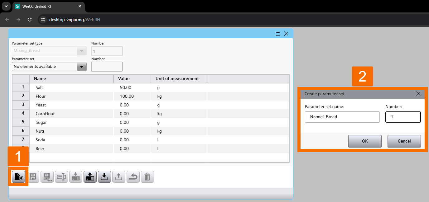 Figure 3.2: WinCC Unified Parameter Control - Creating and numbering new parameter sets in runtime
