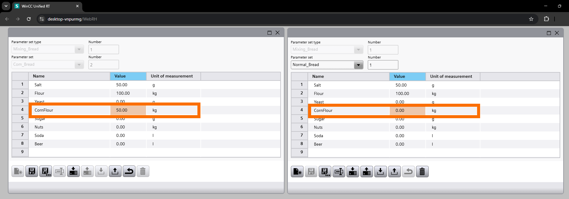 Figure 3.5: WinCC Unified Parameter Control - Distinguishing value adjustments between the two datasets