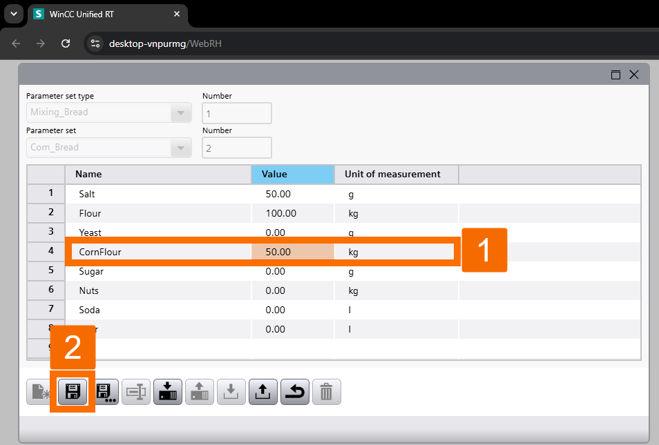 Figure 3.4: WinCC Unified Parameter Control - Editing recipe values