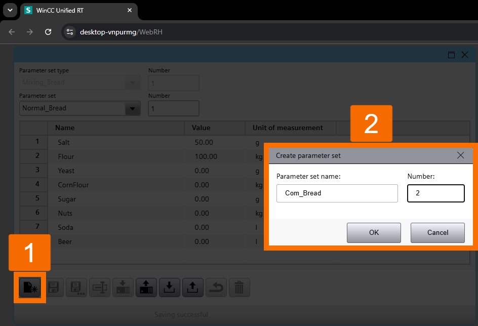 Figure 3.3: WinCC Unified Parameter Control - Defining the name and ID for the second parameter set