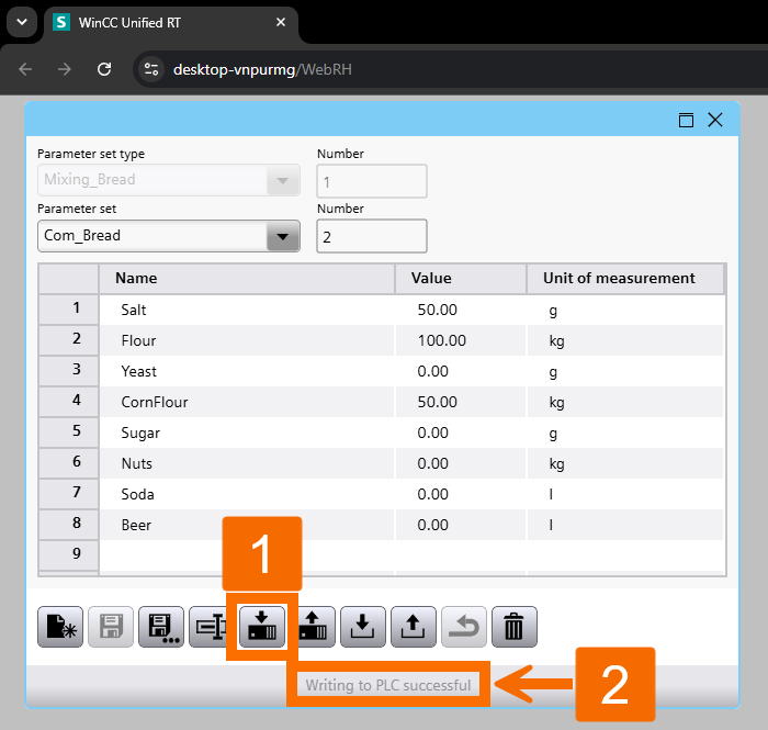 Figure 3.6: WinCC Unified Parameter Control - Downloading the updated parameter set to the PLC