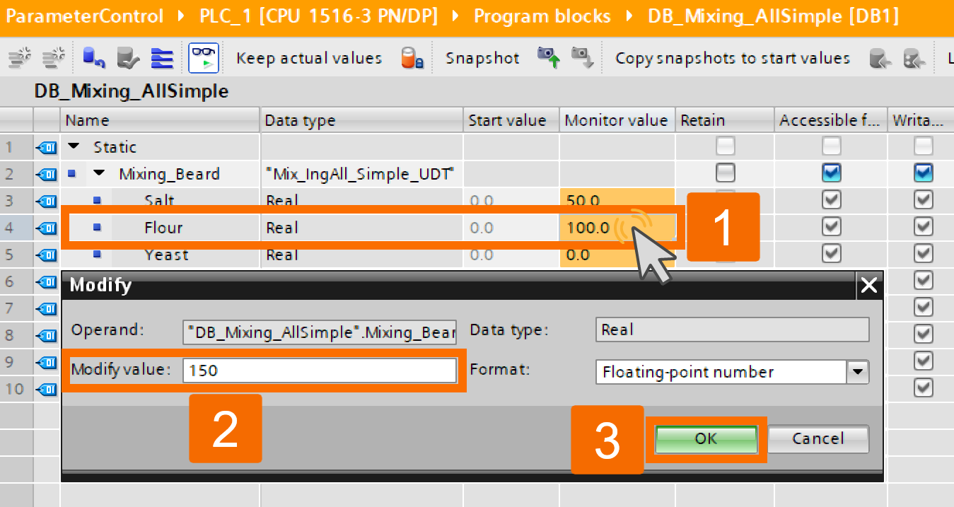 Figure 3.8: WinCC Unified Parameter Control - Modifying PLC parameters directly in the online view