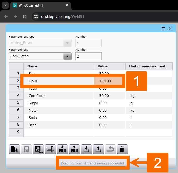 Figure 3.10: WinCC Unified Parameter Control - Viewing the synchronized PLC changes in your dataset