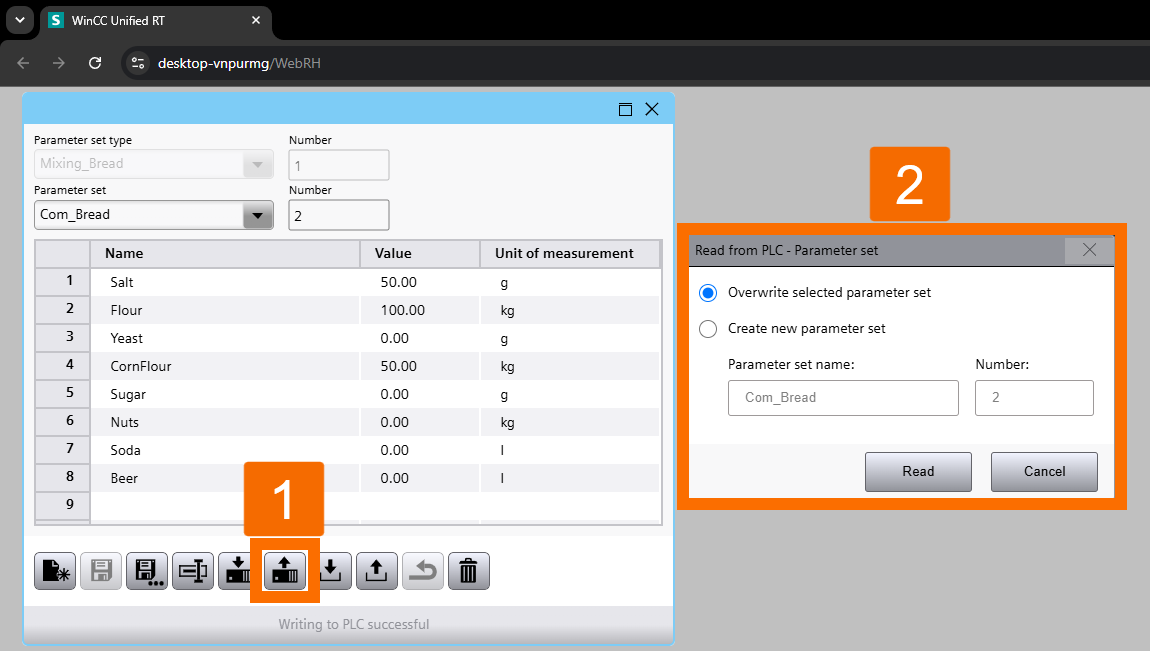 Figure 3.9: WinCC Unified Parameter Control - Uploading live PLC values to the WinCC Unified simulation