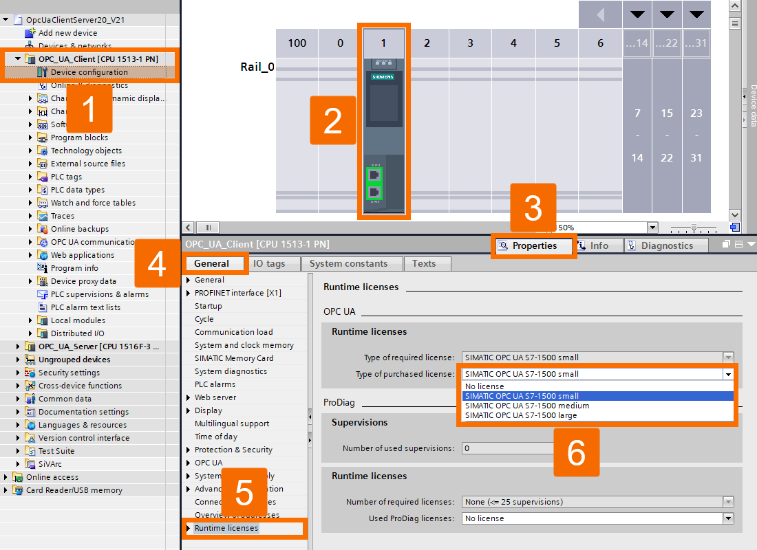 Figure 2.2: OPC UA Client setup on Siemens PLC - Selecting OPC UA license