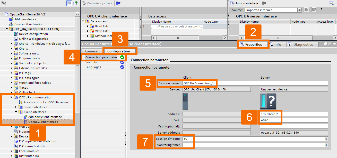 Figure 3.1: OPC UA Client setup on Siemens PLC - Setting up OPC UA connection parameters