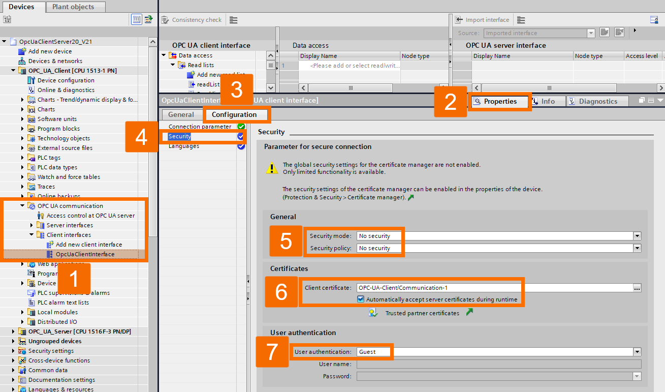 Figure 3.2: OPC UA Client setup on Siemens PLC - Configuring security policies