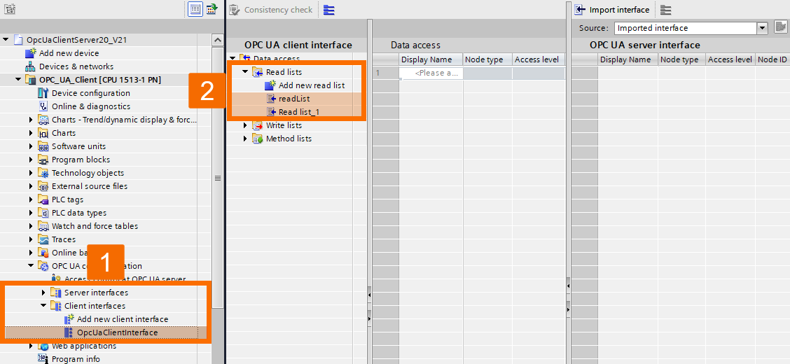 Figure 4.1: OPC UA Client setup on Siemens PLC - Creating new OPC UA read list