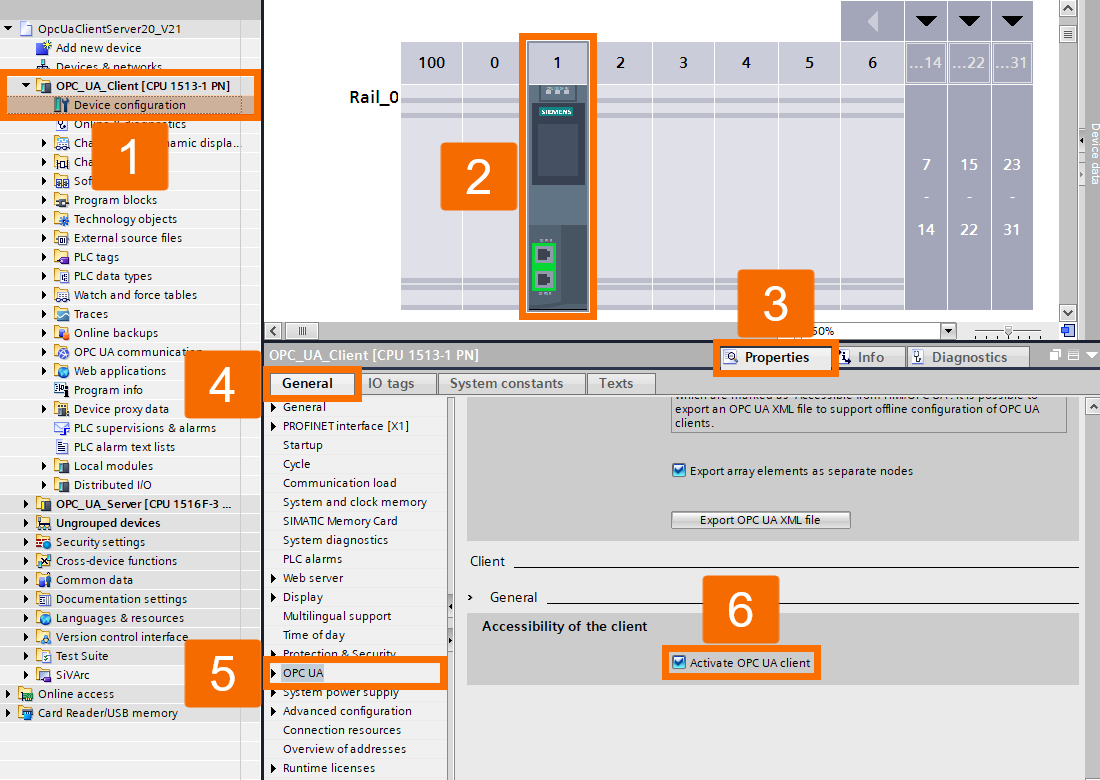 Figure 2.1: OPC UA Client setup on Siemens PLC - Activating OPC UA client